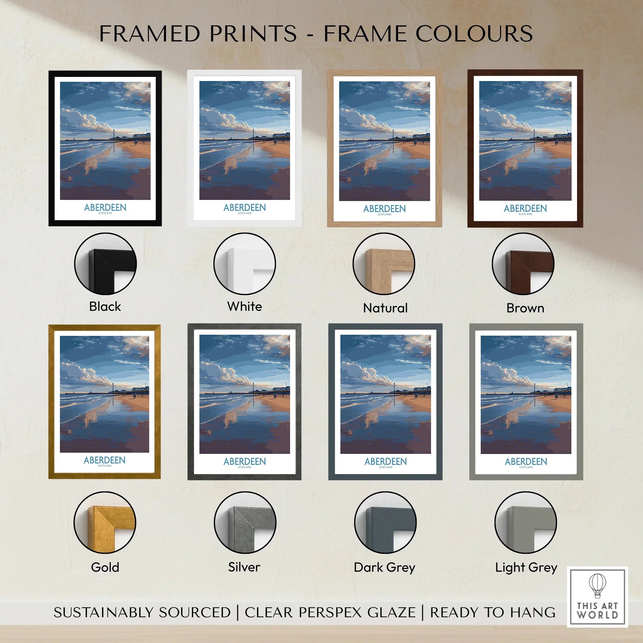 Aberdeen Scotland beach print in 8 frame colors: black, white, natural, brown, gold, silver, dark grey, light grey