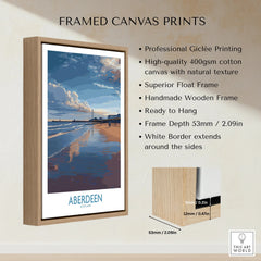 Framed Aberdeen Scotland travel poster print with beach and sky, ready to hang wall art