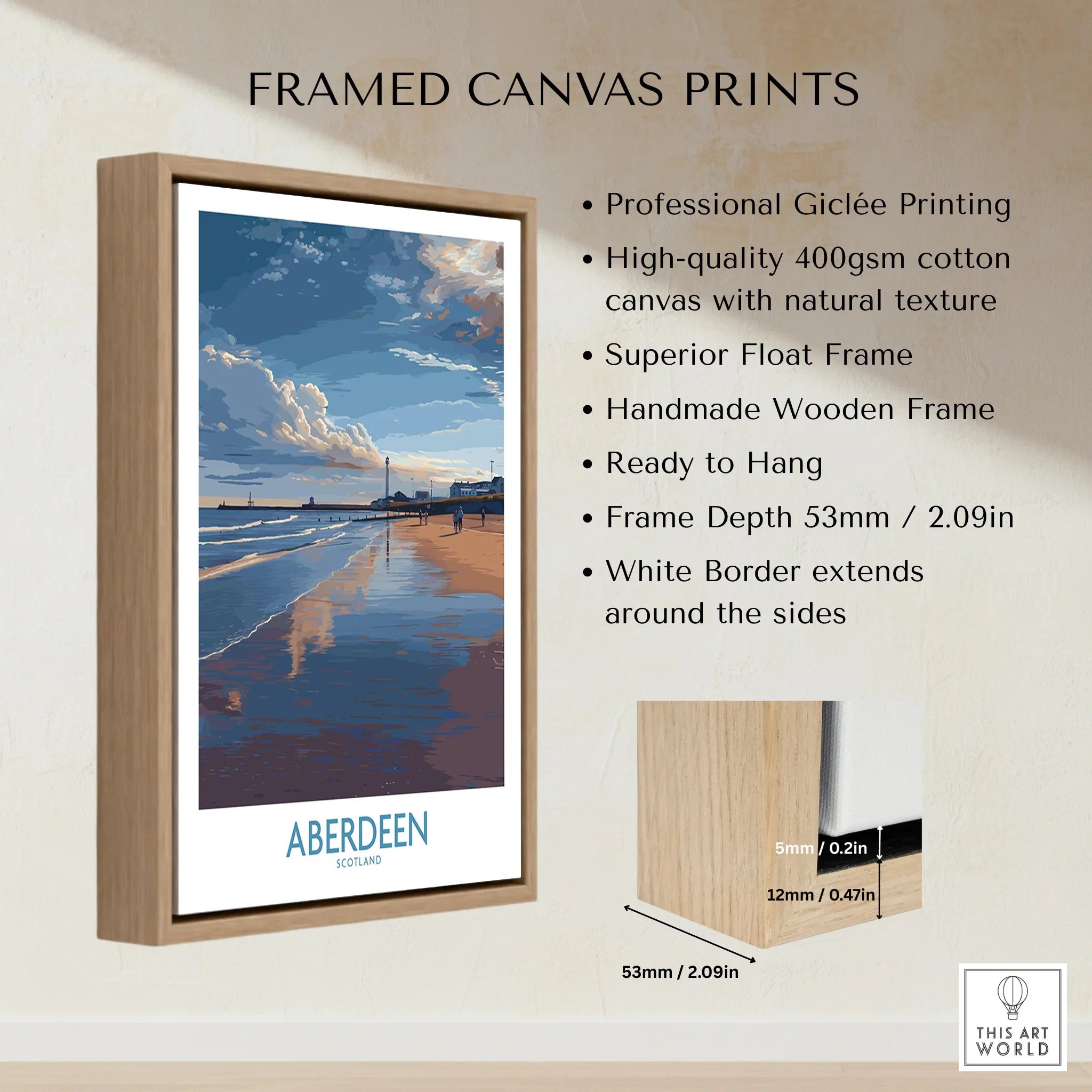 Framed Aberdeen Scotland travel poster print with beach and sky, ready to hang wall art