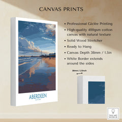 Aberdeen Scotland beach canvas print with lighthouse, sunset sky, and white border, ready to hang wall art