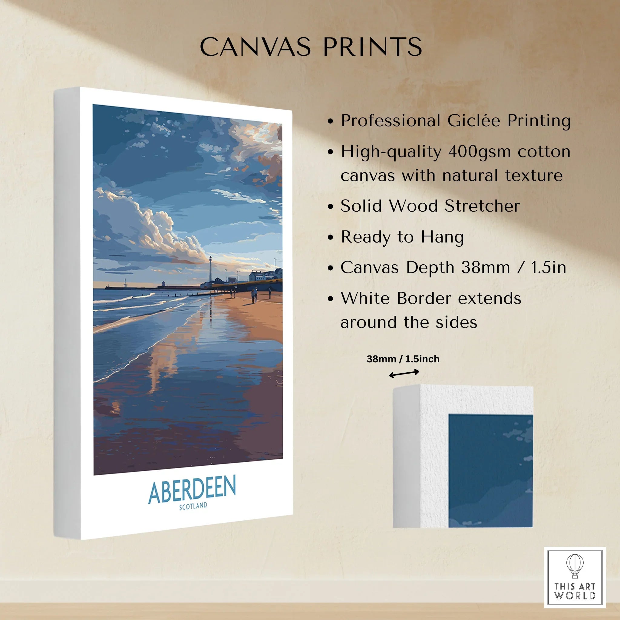 Aberdeen Scotland beach canvas print with lighthouse, sunset sky, and white border, ready to hang wall art