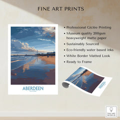 Aberdeen Scotland travel poster print with beach, lighthouse, and sky, ready to frame wall art