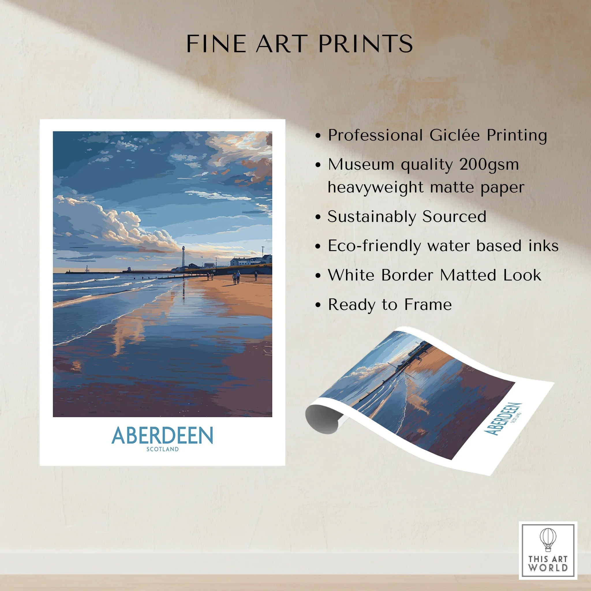 Aberdeen Scotland travel poster print with beach, lighthouse, and sky, ready to frame wall art