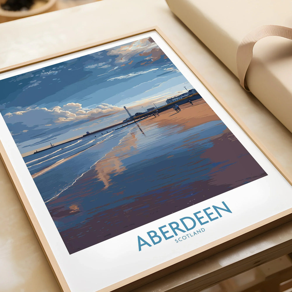 Framed Aberdeen Scotland travel poster with beach, pier, and sunset sky, ideal wall art for home decor