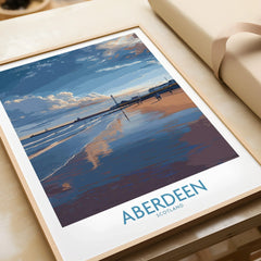 Framed Aberdeen Scotland travel poster with beach, pier, and sunset sky, ideal wall art for home decor