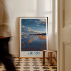 Aberdeen Scotland travel poster with beach, lighthouse, and cloudy sky, framed wall art for home decor