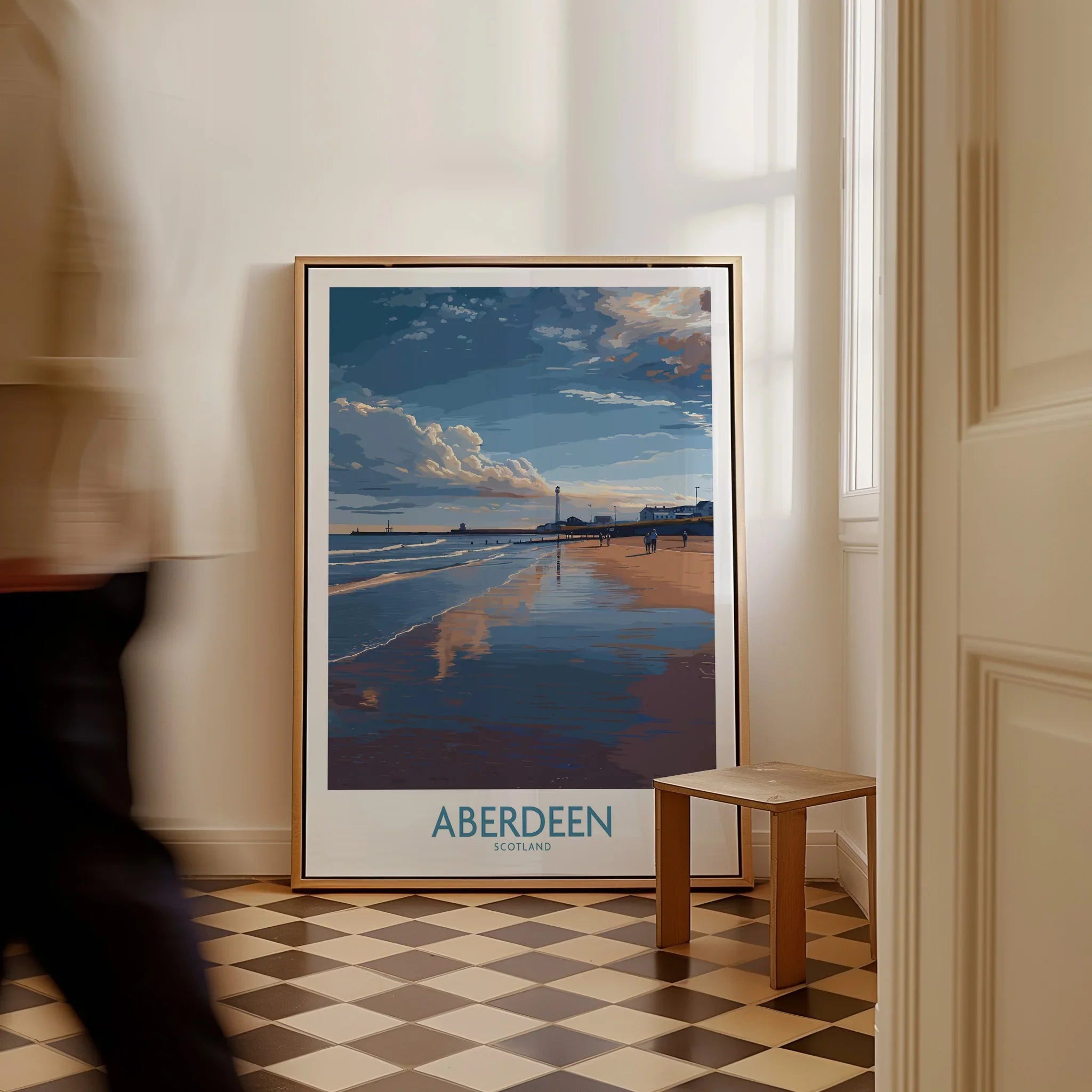Aberdeen Scotland travel poster with beach, lighthouse, and cloudy sky, framed wall art for home decor
