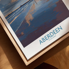 Aberdeen Scotland travel poster print with coastal sunset, ships, and wooden frame for wall art decor