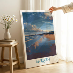 Aberdeen Scotland travel poster print featuring beach sunset, ideal wall art for home decor