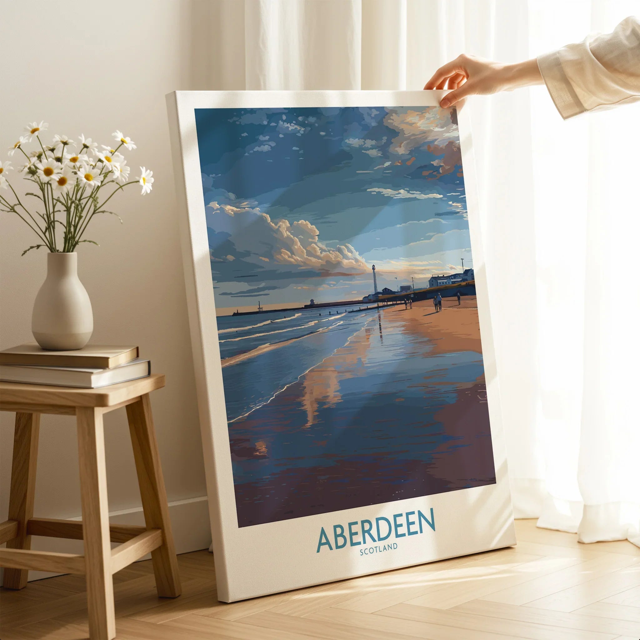 Aberdeen Scotland travel poster print featuring beach sunset, ideal wall art for home decor