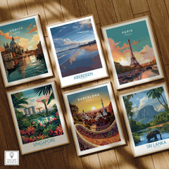 Framed travel posters of Venice, Paris, Singapore, Barcelona, Aberdeen, and Sri Lanka for wall art decor