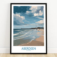 Aberdeen Scotland travel poster with beach, lighthouse, and cloudy sky, perfect wall art for home decor.