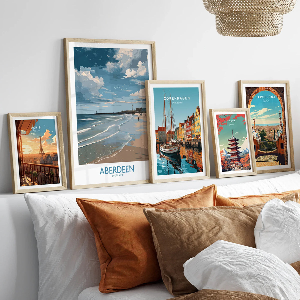 Framed travel posters of Paris, Aberdeen, Copenhagen, Tokyo, and Barcelona for home wall art decor