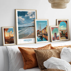 Framed travel posters of Paris, Aberdeen, Copenhagen, Tokyo, and Barcelona for home wall art decor