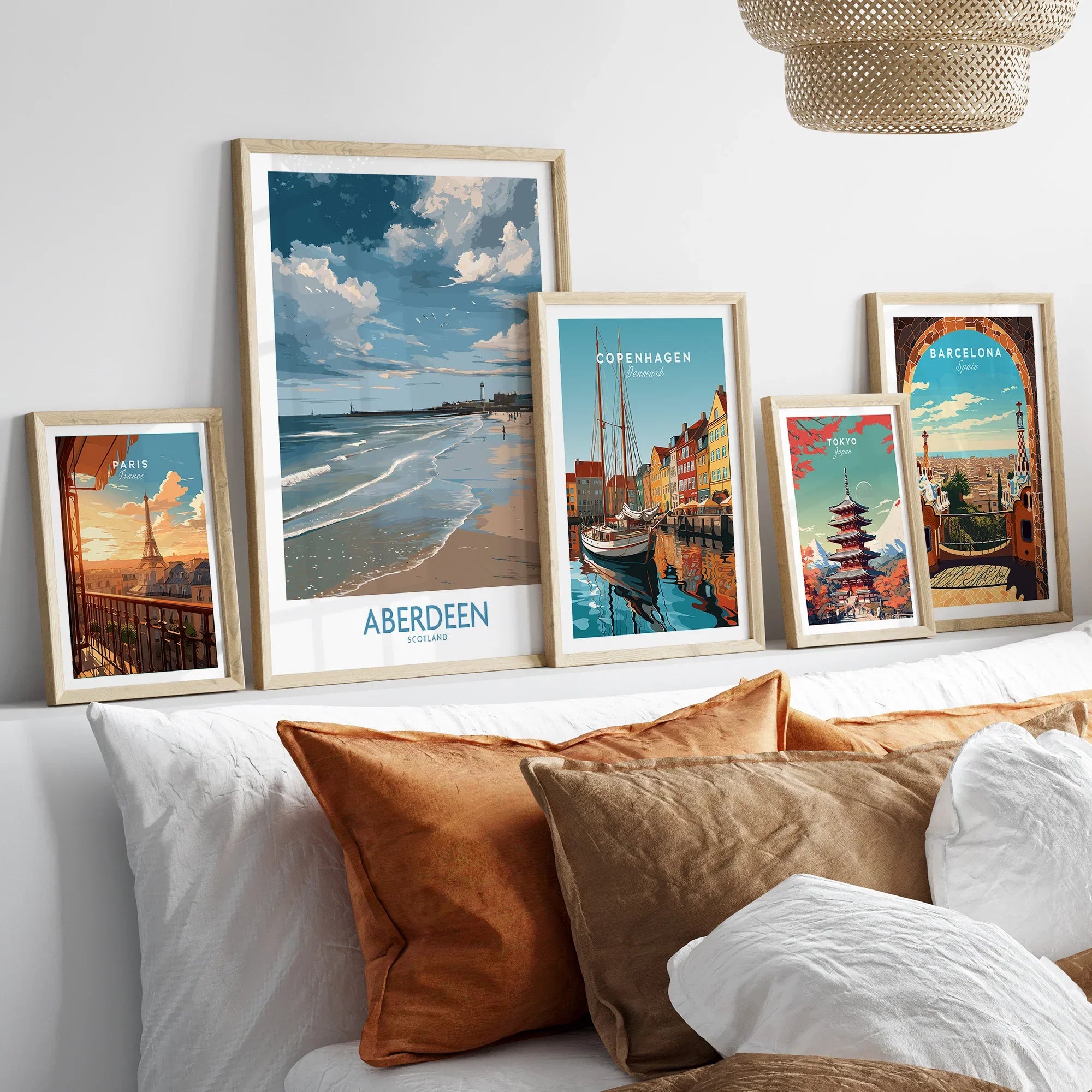 Framed travel posters of Paris, Aberdeen, Copenhagen, Tokyo, and Barcelona for home wall art decor