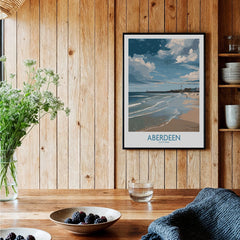 Aberdeen Scotland travel poster print featuring beach, waves, and lighthouse, perfect for coastal wall art decor.