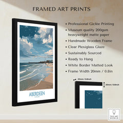 Framed Aberdeen Scotland travel poster print with beach, lighthouse, and cloudy sky, perfect for wall art decor
