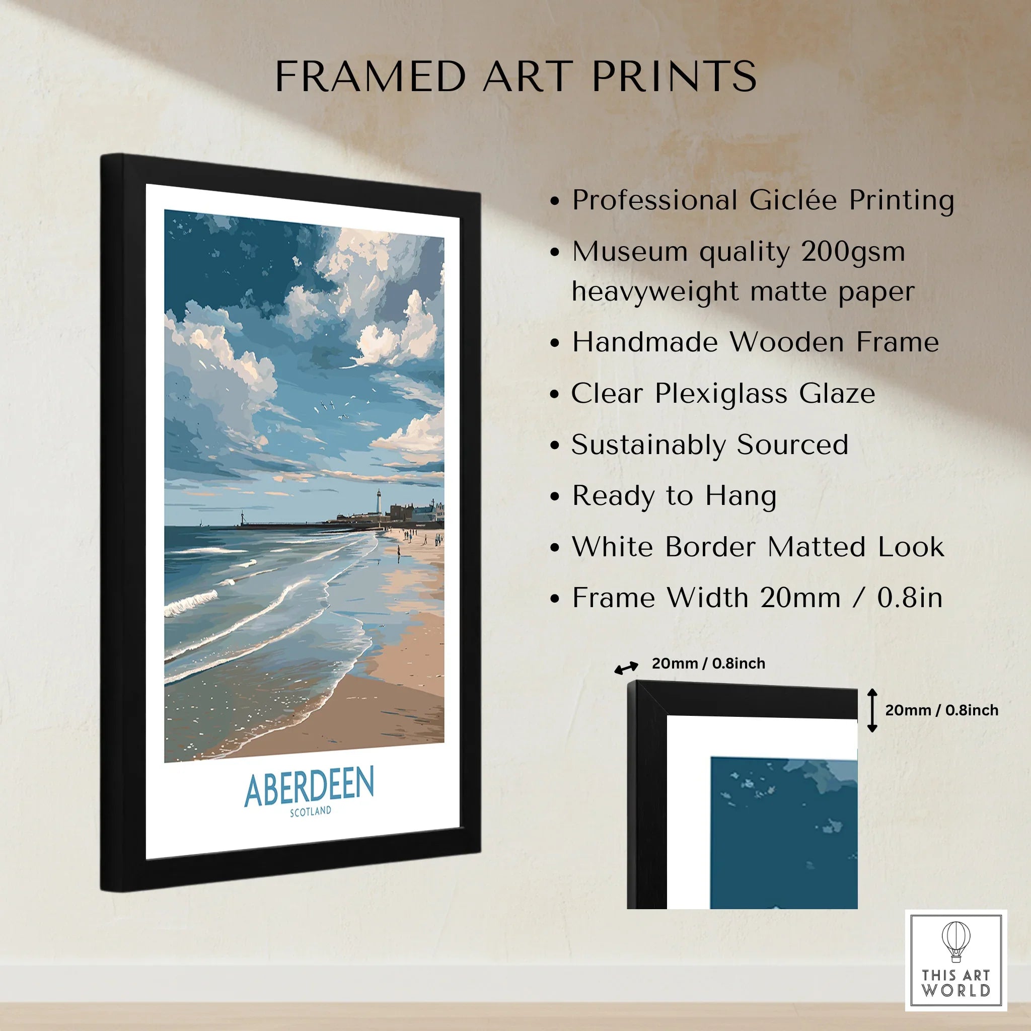 Framed Aberdeen Scotland travel poster print with beach, lighthouse, and cloudy sky, perfect for wall art decor