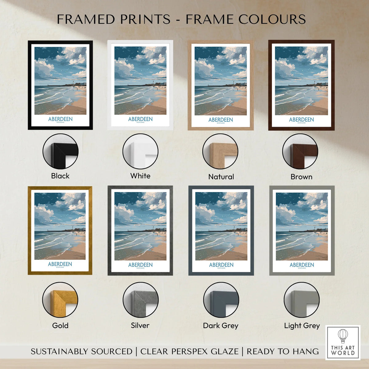 Aberdeen Scotland beach print in eight frame colors: black, white, natural, brown, gold, silver, dark grey, light grey
