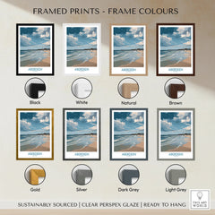 Aberdeen Scotland beach print in eight frame colors: black, white, natural, brown, gold, silver, dark grey, light grey