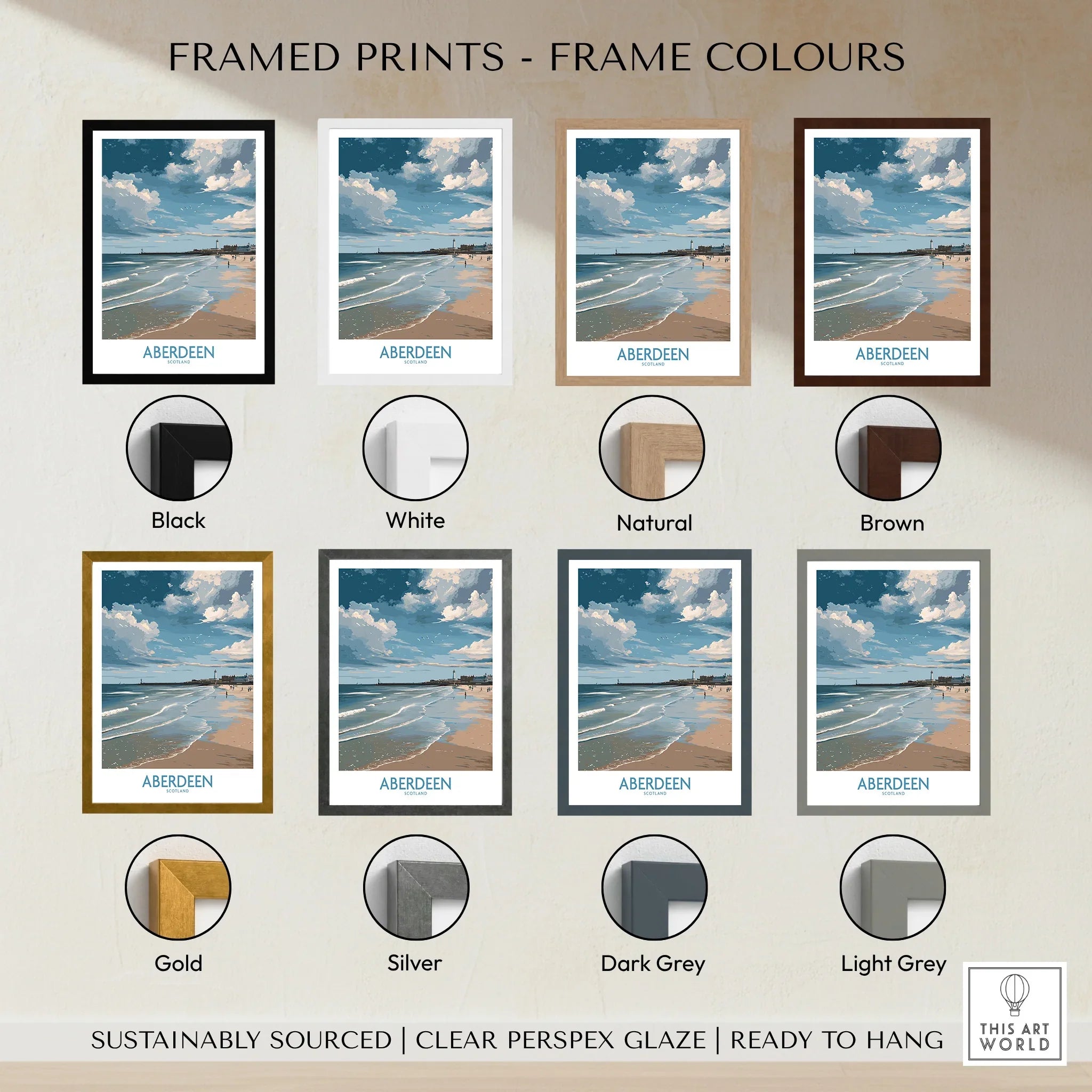 Aberdeen Scotland beach print in eight frame colors: black, white, natural, brown, gold, silver, dark grey, light grey