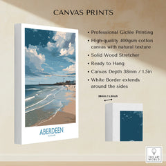 Aberdeen Scotland beach canvas print with lighthouse, waves, and cloudy sky, ready to hang wall art