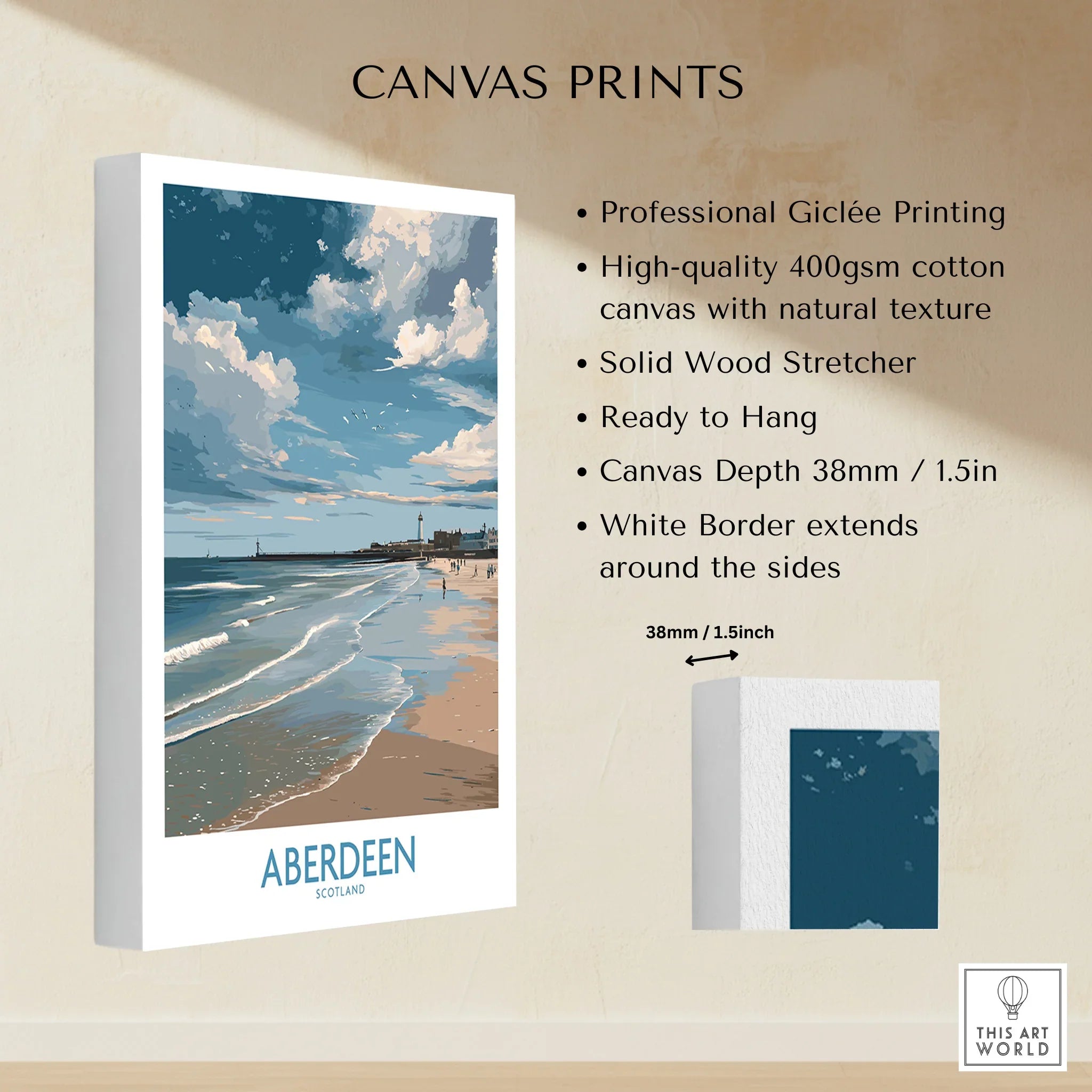Aberdeen Scotland beach canvas print with lighthouse, waves, and cloudy sky, ready to hang wall art