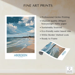 Aberdeen Scotland beach travel poster print with lighthouse, waves, and cloudy sky, ready to frame wall art