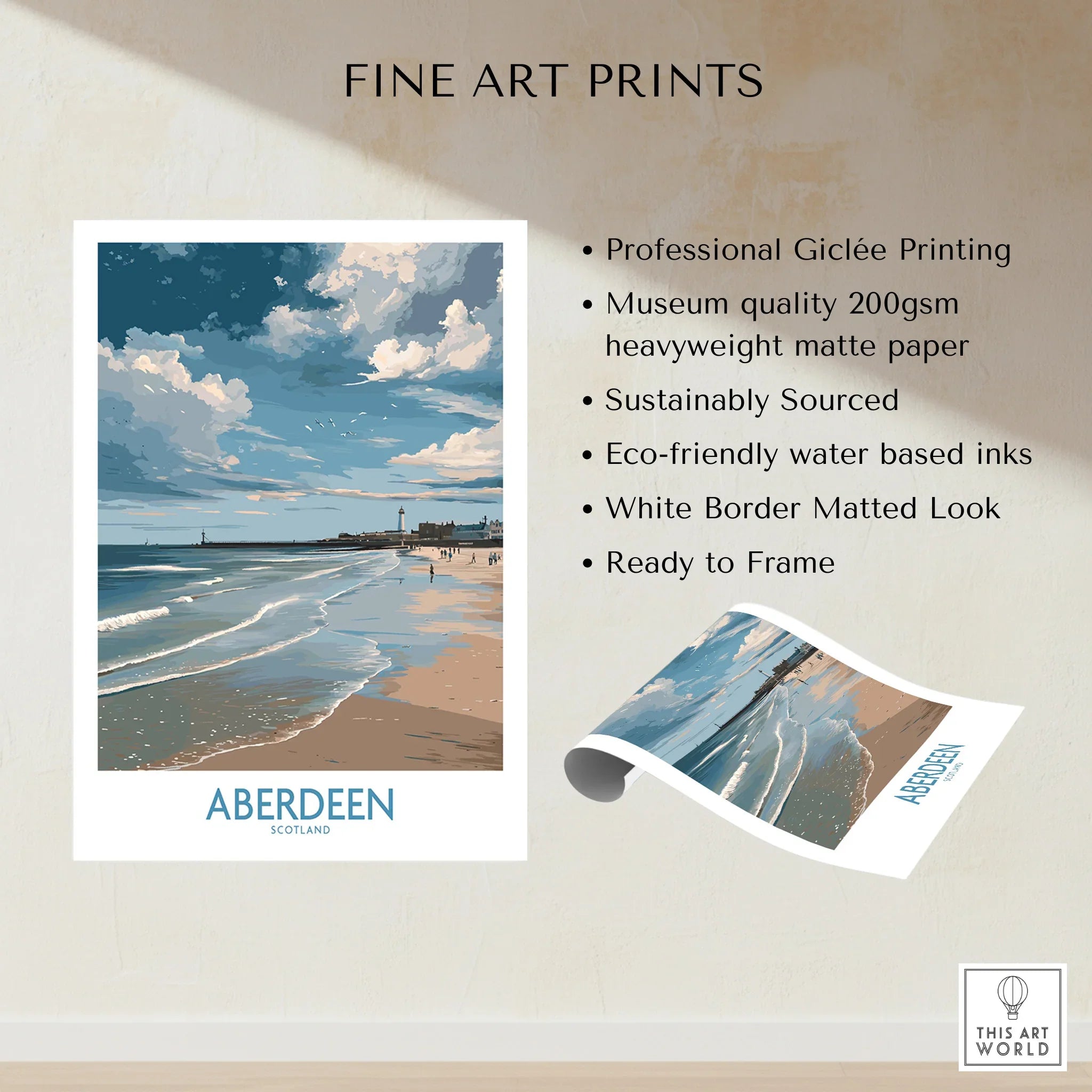 Aberdeen Scotland beach travel poster print with lighthouse, waves, and cloudy sky, ready to frame wall art