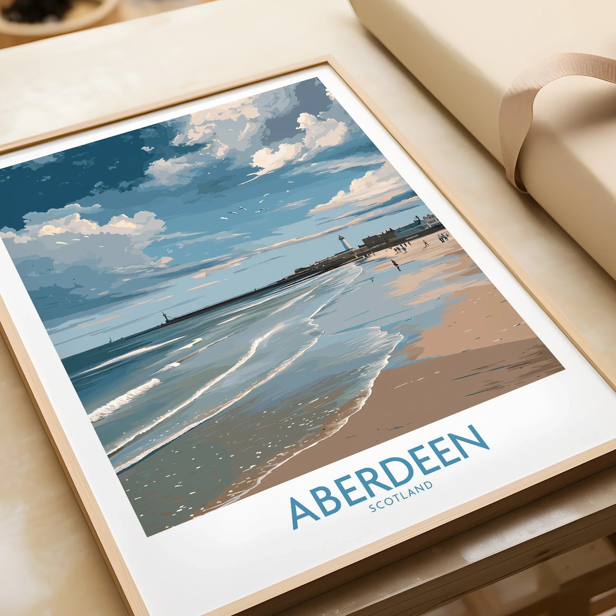 Aberdeen Scotland travel poster print featuring beach, waves, and lighthouse, perfect for wall art decor