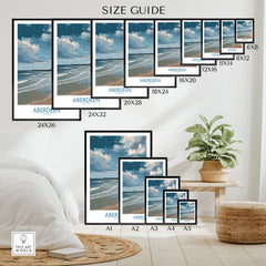 Aberdeen Scotland beach art print size guide for wall decor, featuring coastal scenery in various frame sizes