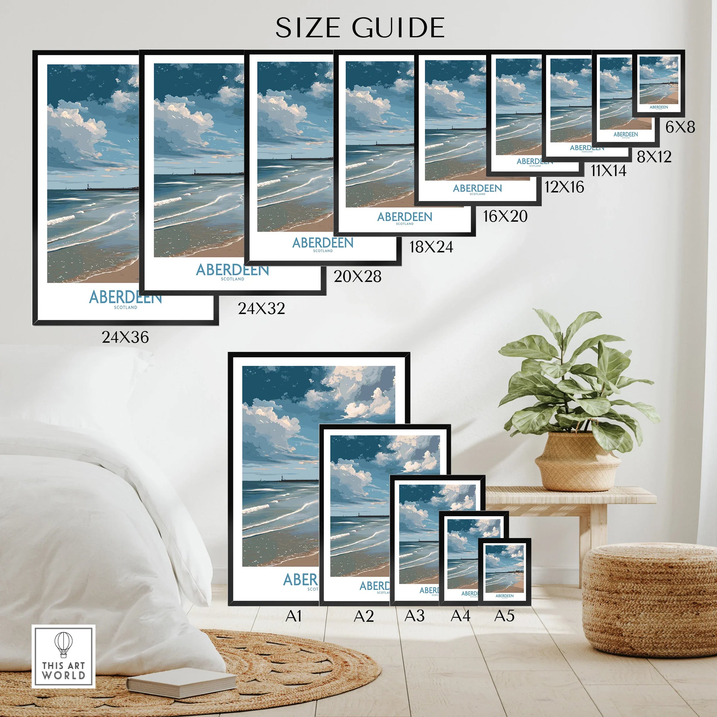 Aberdeen Scotland beach art print size guide for wall decor, featuring coastal scenery in various frame sizes
