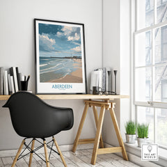 Aberdeen Scotland travel poster print with beach and skyline, perfect for home decor wall art