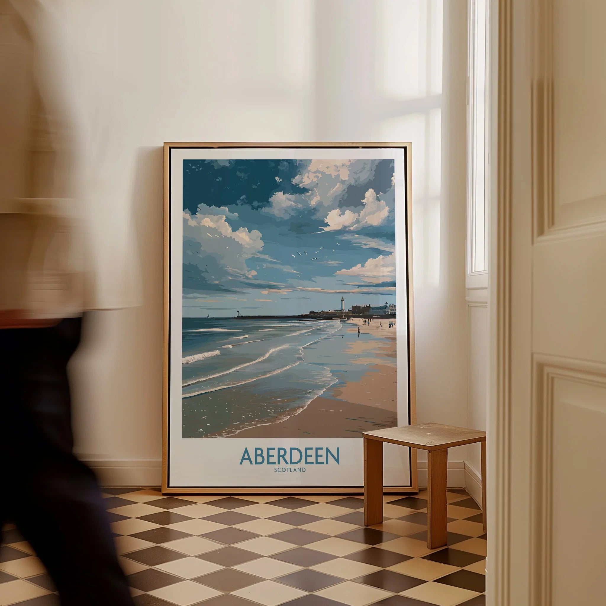 Aberdeen Scotland travel poster with beach, lighthouse, and coastal skyline wall art