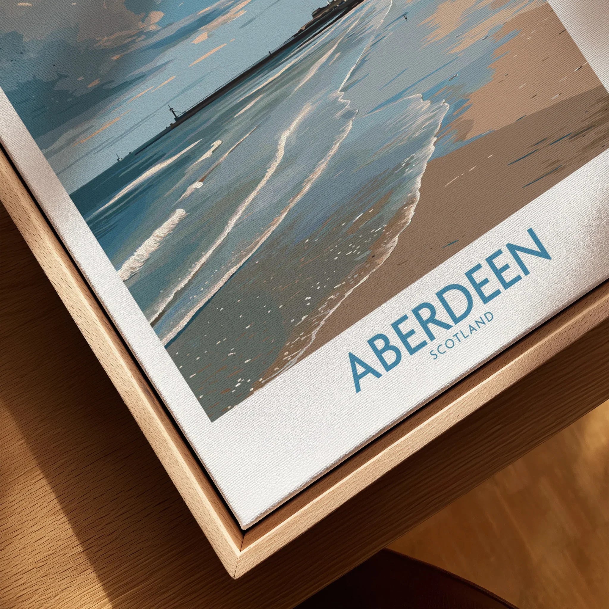 Aberdeen Scotland travel poster print with beach waves, perfect for coastal wall art decor.