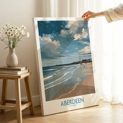 Aberdeen Scotland travel poster print with beach, lighthouse, and cloudy sky, perfect for wall art decor