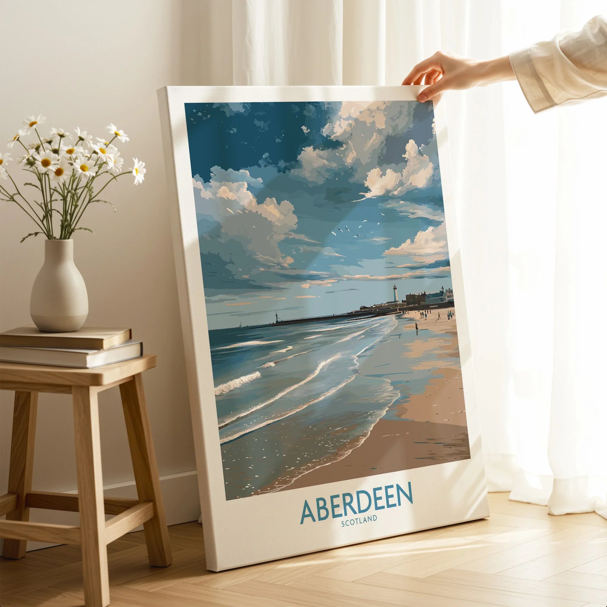Aberdeen Scotland travel poster print with beach, lighthouse, and cloudy sky, perfect for wall art decor