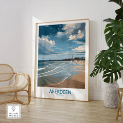 Aberdeen Scotland travel poster print with beach, lighthouse, and sky, framed wall art for home decor