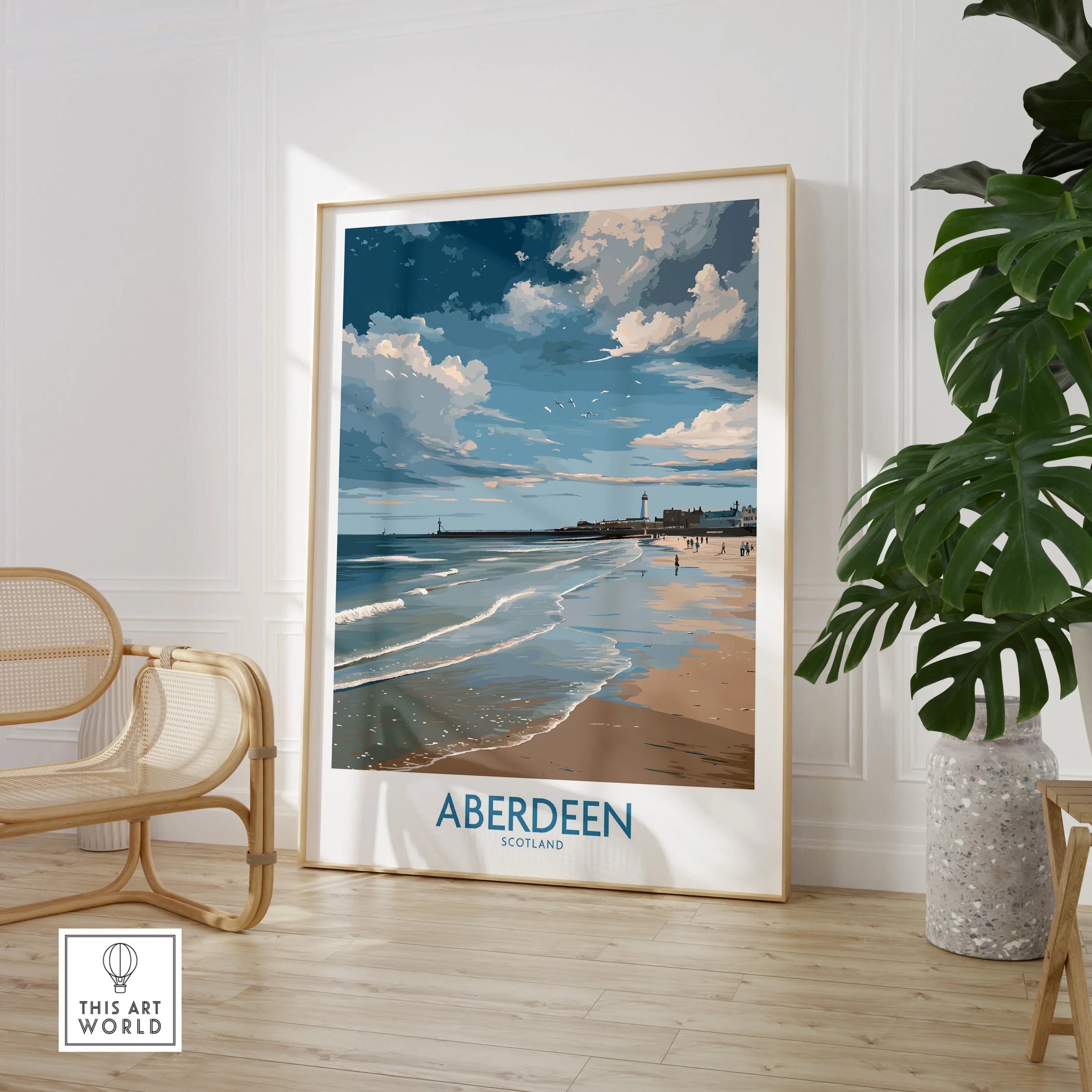 Aberdeen Scotland travel poster print with beach, lighthouse, and sky, framed wall art for home decor
