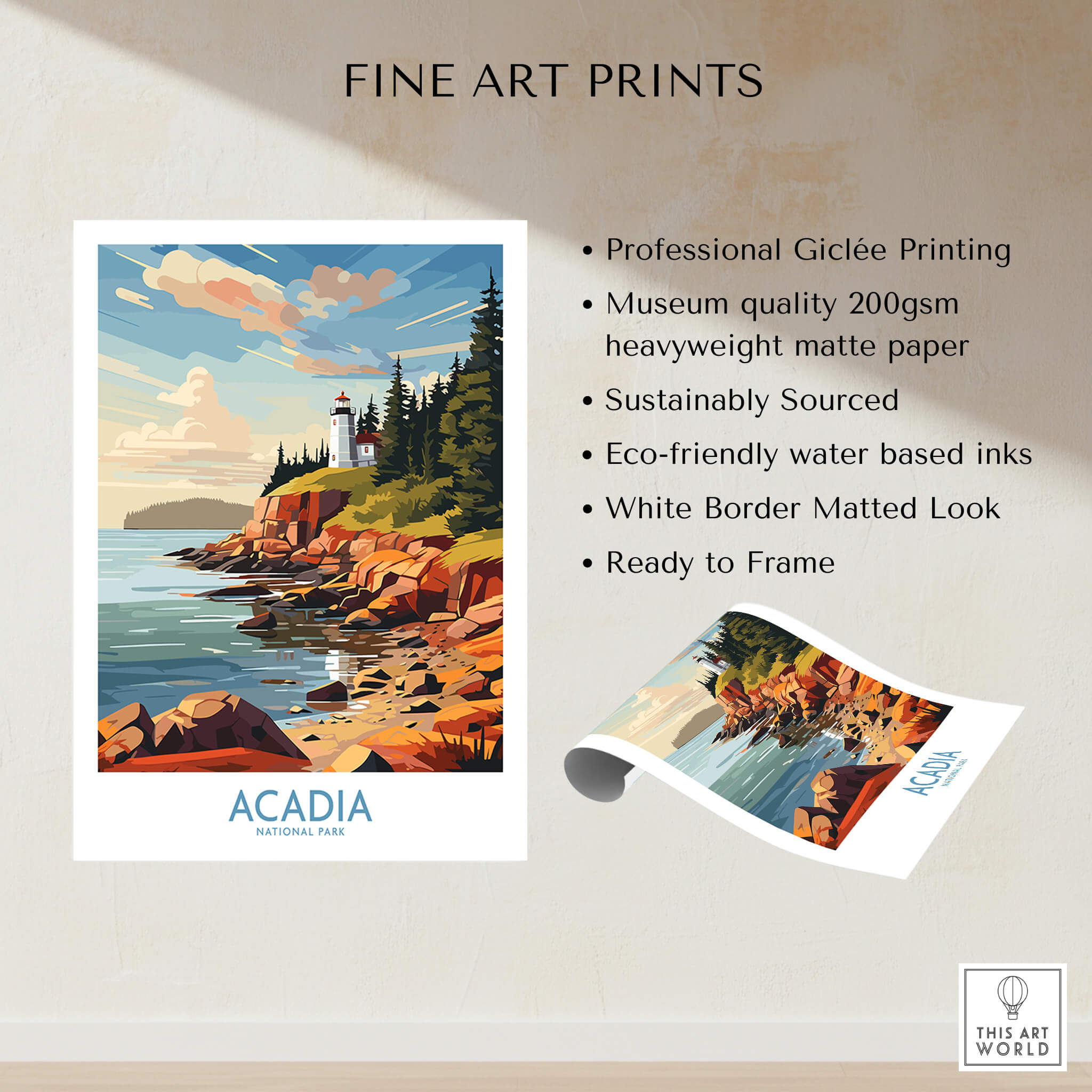 Acadia National Park Art Print showcasing a vibrant coastal scene with a lighthouse and rocky shoreline.