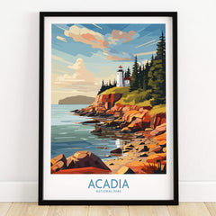 Acadia National Park Art Print showcasing a vibrant coastal scene with a lighthouse and rocky shores.
