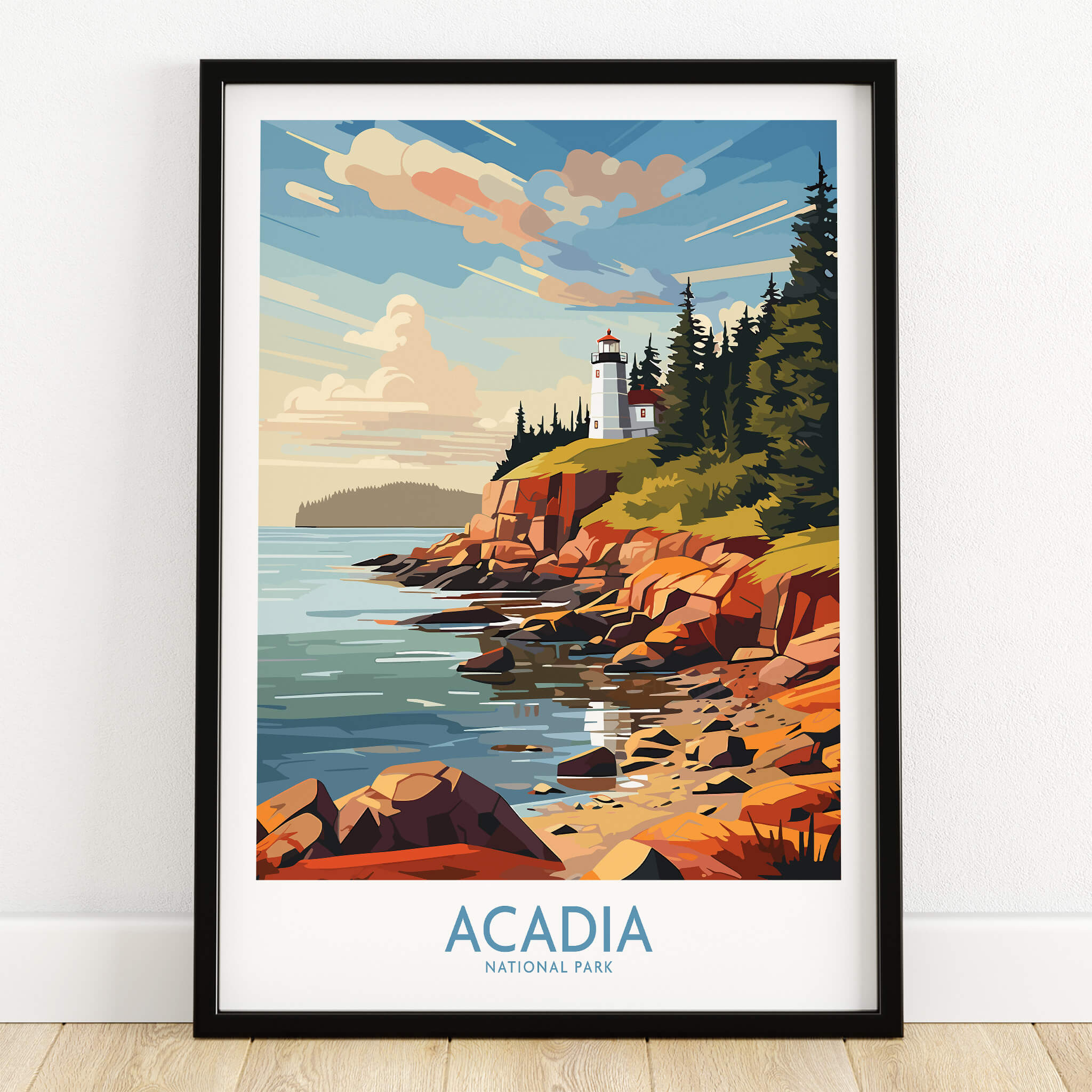Acadia National Park Art Print showcasing a vibrant coastal scene with a lighthouse and rocky shores.