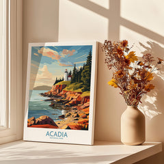Acadia National Park Art Print featuring a scenic coastal view with a lighthouse and vibrant nature.