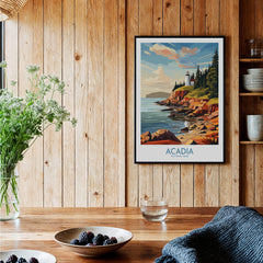 Acadia National Park Art Print framed on wooden wall, showcasing the park's vibrant coastal landscape.
