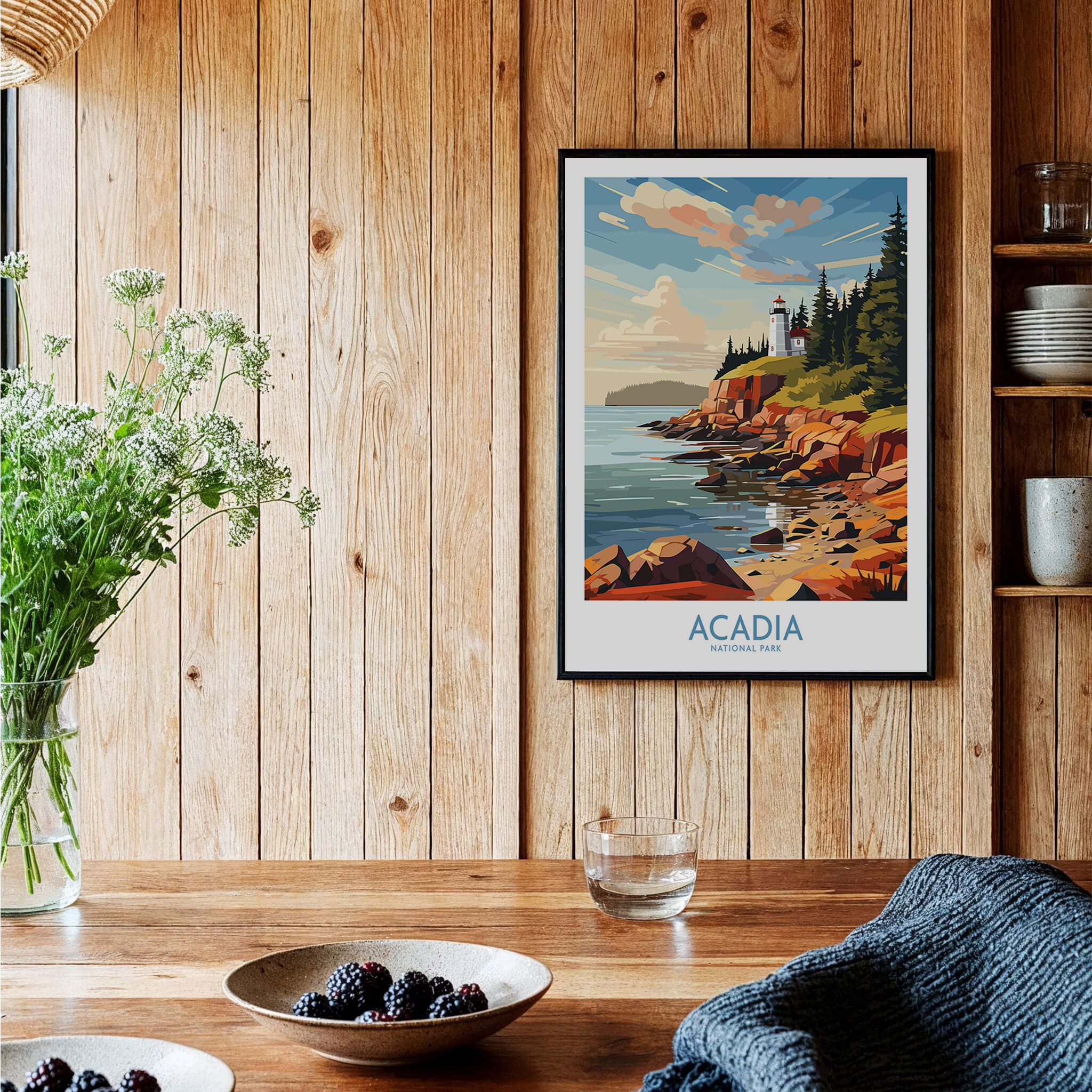 Acadia National Park Art Print framed on wooden wall, showcasing the park's vibrant coastal landscape.