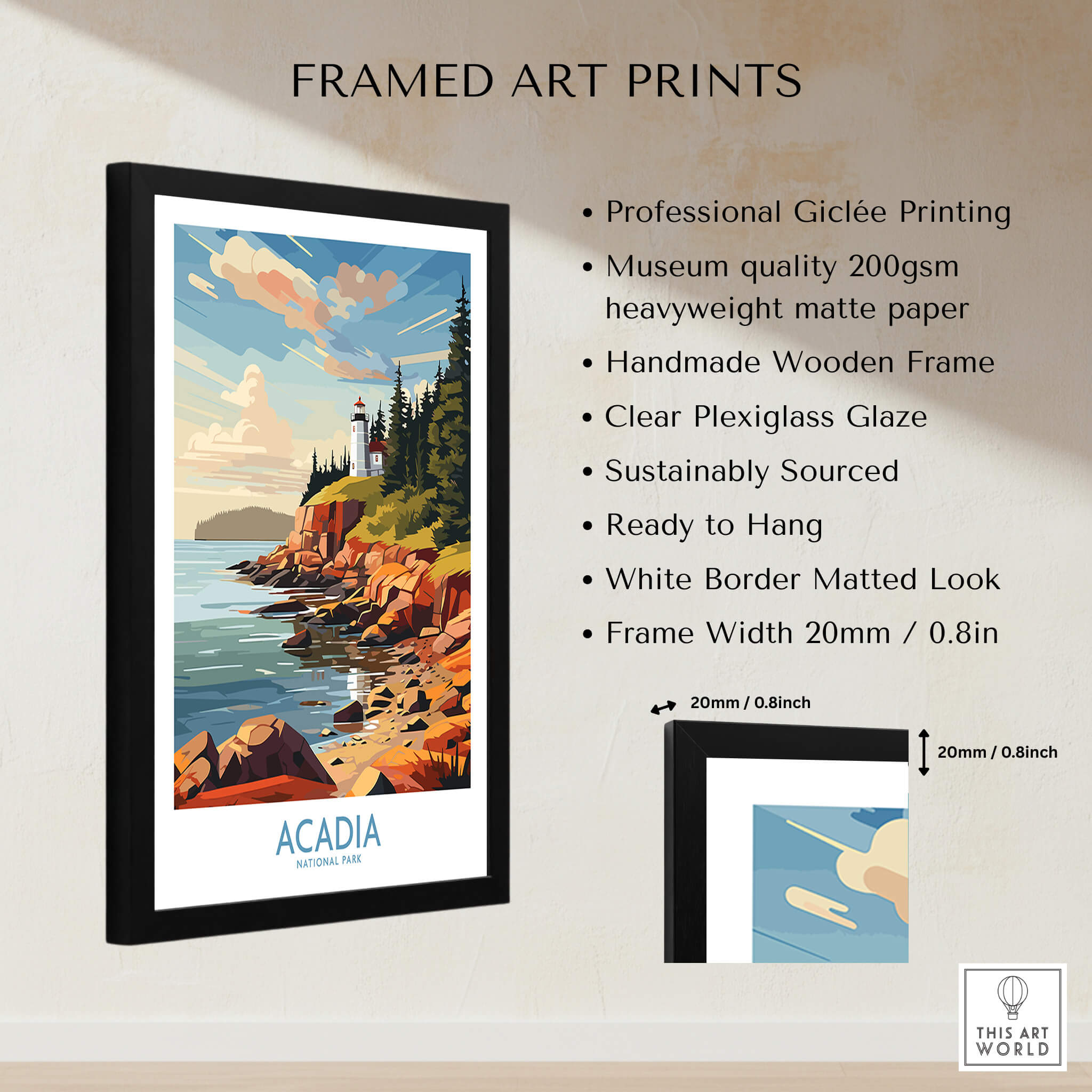 Acadia National Park Art Print displayed in a framed art print showcasing vibrant natural scenery.