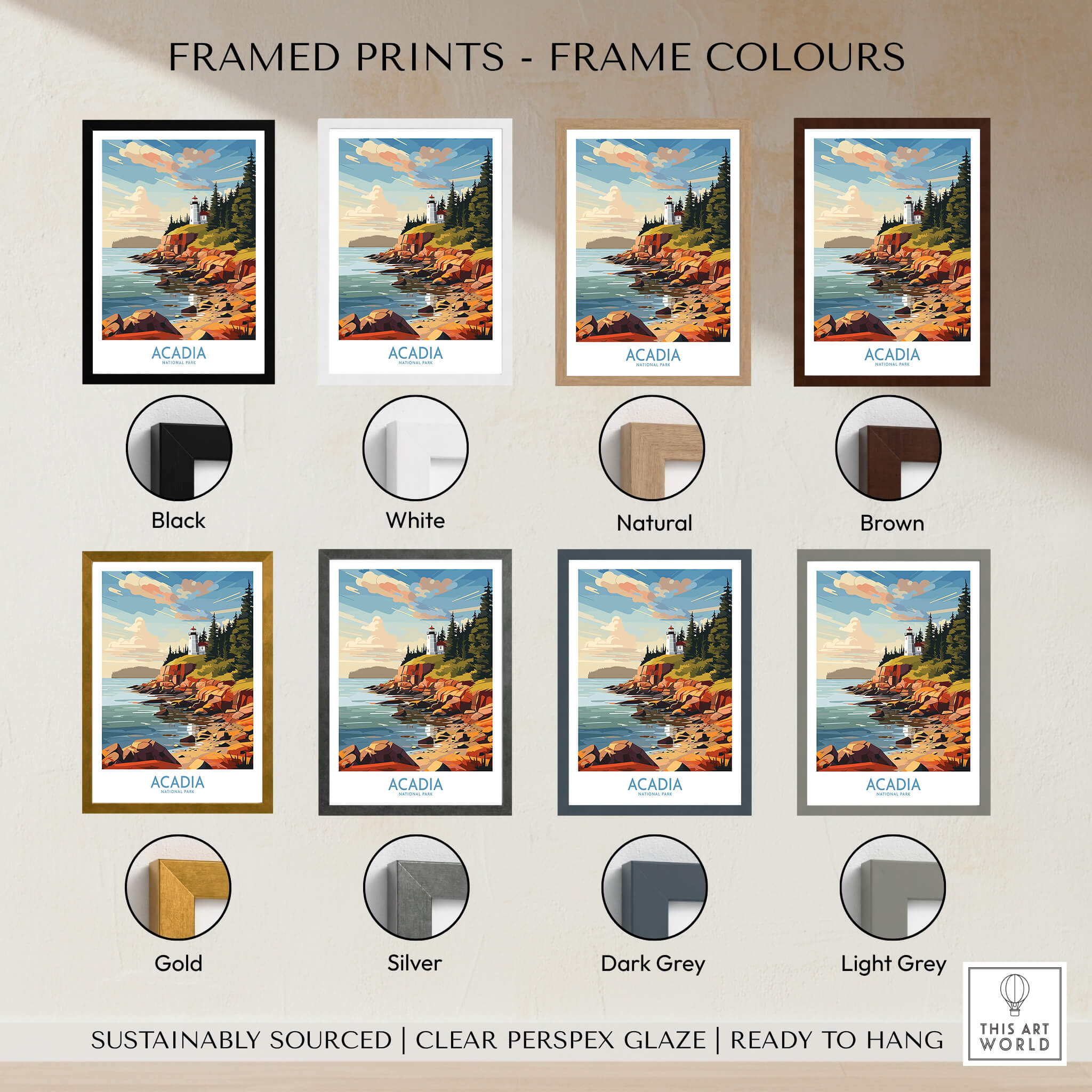 Different frame color options for Acadia National Park Art Print, showcasing vibrant nature scenery.