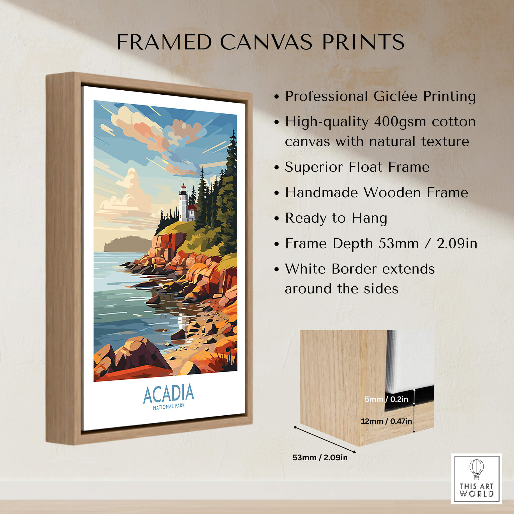 Acadia National Park Art Print framed canvas print showcasing vibrant nature scene with lighthouse and rocky shore.