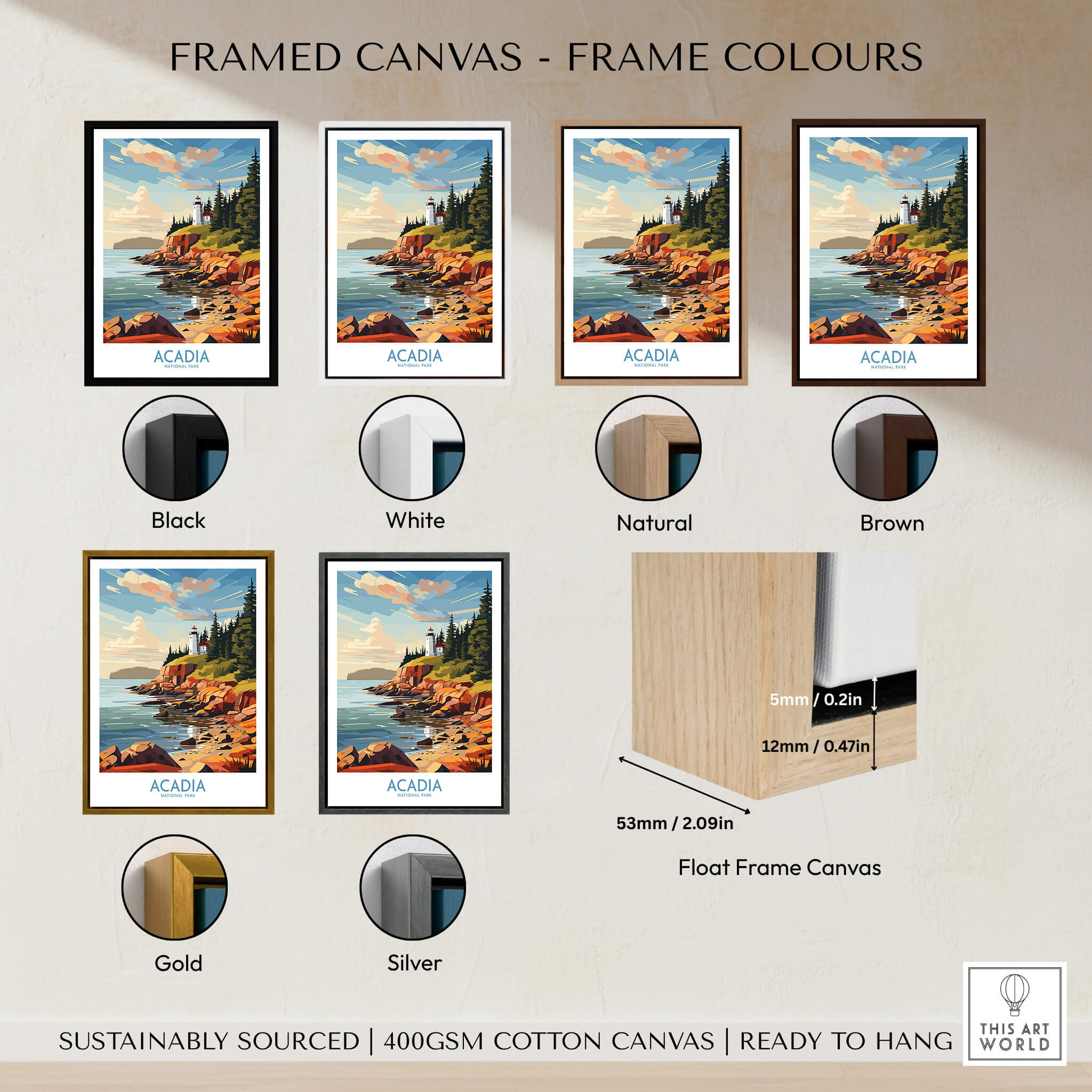 Acadia National Park Art Print displayed in various frame colors including black, white, natural, brown, gold, and silver.