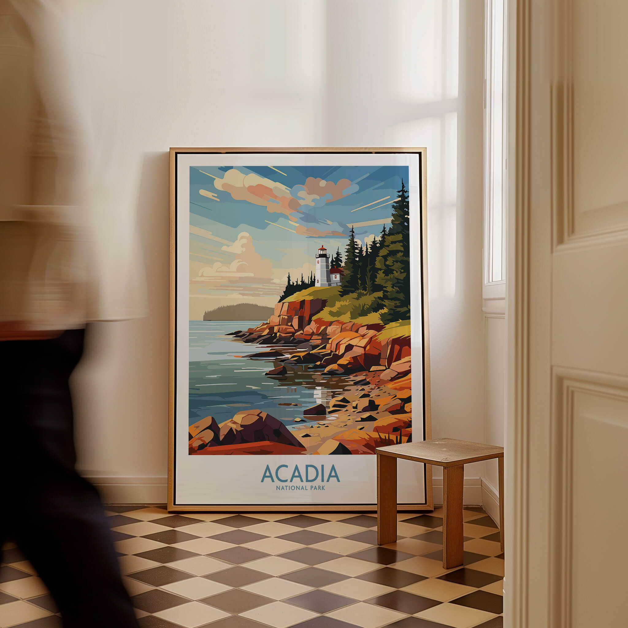 Acadia National Park Art Print featuring a scenic lighthouse and rocky coastline in a stylish home setting.